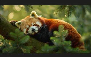 ai gegenereerd een rood panda vondsten troost in een rustgevend dutje, omhuld door levendig pijnboom naalden foto