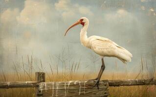 ai gegenereerd een ingewikkeld beeld van een bevallig wit ibis neergestreken Aan een oud hout barrière foto