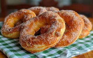 ai gegenereerd nieuw gebakken pretzels verrijkt met knapperig amandel stukjes en glinsterend suiker foto