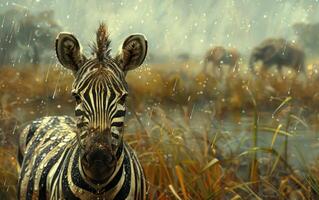 ai gegenereerd een zebra houdt kijk maar in de regenachtig Afrikaanse landschap foto