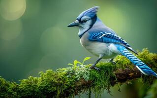 ai gegenereerd blauw gaai zittend Aan levendig mos foto