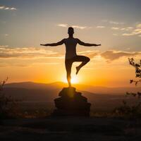 ai gegenereerd Mens balanceren Aan rots Bij zonsondergang met uitgestrekt armen en een been in de lucht foto