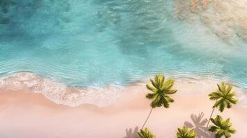 azuur kust van de oceaan met palm bomen, zand, surfen en schelpen. ai gegenereerd foto