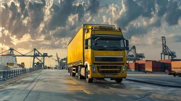 ai gegenereerd vrachtauto aanhangwagen Aan de pier in de lading haven terminal met kranen en containers. ai gegenereerd foto