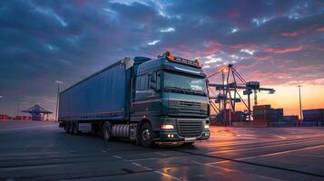 ai gegenereerd vrachtauto aanhangwagen Aan de pier in de lading haven terminal met kranen en containers. ai gegenereerd foto