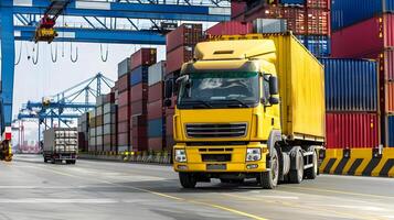 ai gegenereerd vrachtauto aanhangwagen Aan de pier in de lading haven terminal met kranen en containers. ai gegenereerd foto