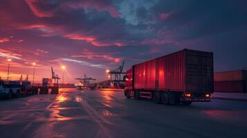 ai gegenereerd vrachtauto aanhangwagen Aan de pier in de lading haven terminal met kranen en containers. ai gegenereerd foto