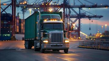 ai gegenereerd vrachtauto aanhangwagen Aan de pier in de lading haven terminal met kranen en containers. ai gegenereerd foto