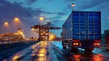 ai gegenereerd vrachtauto aanhangwagen Aan de pier in de lading haven terminal met kranen en containers. ai gegenereerd foto