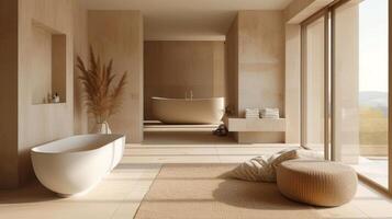 ai gegenereerd modern badkamer interieur ontwerp met natuurlijk tonen en elegant Kenmerken foto