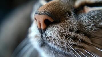 ai gegenereerd detailopname van een pluizig grijs katten neus- en bakkebaarden in een macro schot met zacht vacht en glimmend roze neus- foto