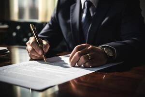 ai gegenereerd handen van een Mens in een bedrijf pak, kijk maar en goud ring ondertekening een papier met een pen Bij werken houten tafel in de kantoor foto