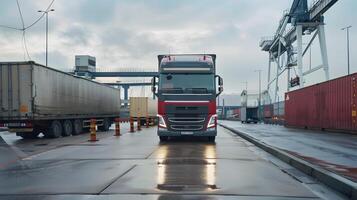 ai gegenereerd vrachtauto aanhangwagen Aan de pier in de lading haven terminal met kranen en containers. ai gegenereerd foto