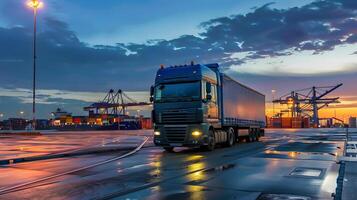 ai gegenereerd vrachtauto aanhangwagen Aan de pier in de lading haven terminal met kranen en containers. ai gegenereerd foto