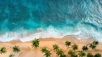 azuur kust van de oceaan met palm bomen, zand, surfen en schelpen. ai gegenereerd foto
