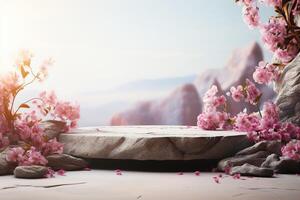 ai gegenereerd steen platform podium met weinig roze bloemen Aan wazig bergen achtergrond, sjabloon voor montage of Product reclame presentatie foto