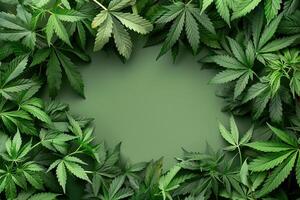 ai gegenereerd vers groen marihuana hennep bladeren Aan groen houten achtergrond met kopiëren ruimte foto