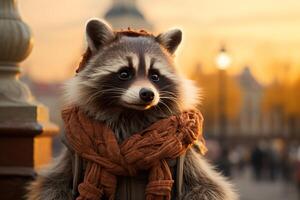 ai gegenereerd illustratie van een schattig antropomorf reiziger wasbeer in een bruin sjaal en met pluizig poten, wandelen langs de stad rivier- dijk foto