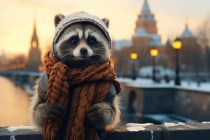 ai gegenereerd illustratie van een schattig antropomorf reiziger wasbeer in een bruin sjaal, een wollen grijs hoed en met pluizig poten staat Aan een brug over- een stad rivier- foto