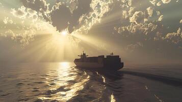 ai gegenereerd een schip voor vervoeren lading containers en ook lossen het Bij de dokken van een lading haven. ai gegenereerd foto