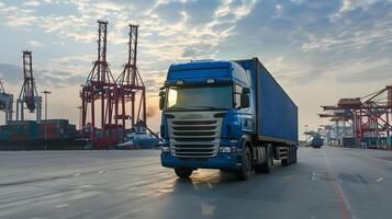 ai gegenereerd vrachtauto aanhangwagen Aan de pier in de lading haven terminal met kranen en containers. ai gegenereerd foto