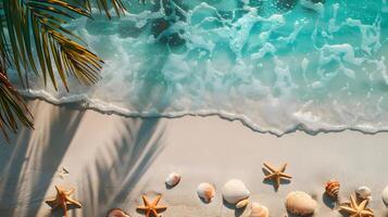 ai gegenereerd azuur kust van de oceaan met palm bomen, zand, surfen en schelpen. ai gegenereerd foto