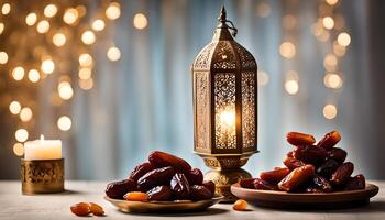 ai gegenereerd Ramadan lamp en datums nog steeds leven foto
