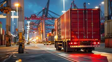 ai gegenereerd vrachtauto aanhangwagen Aan de pier in de lading haven terminal met kranen en containers. ai gegenereerd foto