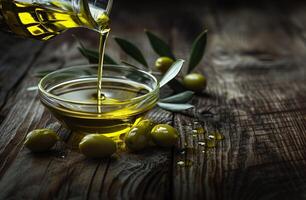 ai gegenereerd gieten gouden olijf- olie in glas kom temidden van vers olijven en bladeren foto