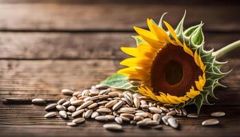 ai gegenereerd zonnebloem zaad Aan houten tafel foto