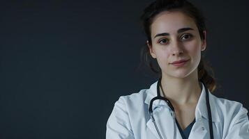 ai gegenereerd portret van een vrouw medisch arbeider met een stethoscoop. ai gegenereerd foto