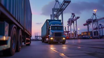 ai gegenereerd vrachtauto aanhangwagen Aan de pier in de lading haven terminal met kranen en containers. ai gegenereerd foto