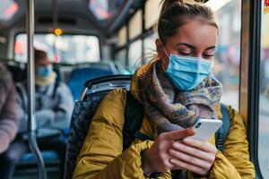 ai gegenereerd jong vrouw in beschermend gezicht masker gebruik makend van smartphone Aan bus, perfect voor vertegenwoordigen de nieuw normaal in openbaar vervoer foto