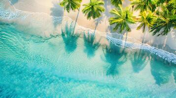 azuur kust van de oceaan met palm bomen, zand, surfen en schelpen. ai gegenereerd foto