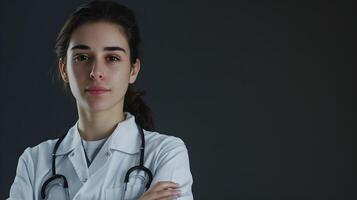 ai gegenereerd portret van een vrouw medisch arbeider met een stethoscoop. ai gegenereerd foto