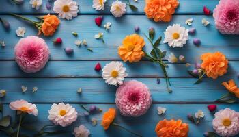 ai gegenereerd mooi bloemen Aan blauw houten achtergrond foto