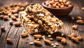 ai gegenereerd muesli bars Aan houten tafel en pinda's foto