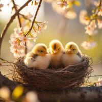 ai gegenereerd groep van baby vogelstand zittend in een nest foto