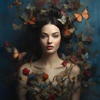 ai gegenereerd vrouw omringd door vlinders schilderij foto