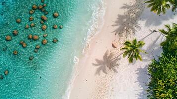 azuur kust van de oceaan met palm bomen, zand, surfen en schelpen. ai gegenereerd foto