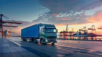 ai gegenereerd vrachtauto aanhangwagen Aan de pier in de lading haven terminal met kranen en containers. ai gegenereerd foto