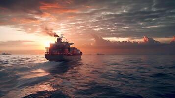 ai gegenereerd een schip voor vervoeren lading containers en ook lossen het Bij de dokken van een lading haven. ai gegenereerd foto