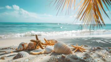 azuur kust van de oceaan met palm bomen, zand, surfen en schelpen. ai gegenereerd foto