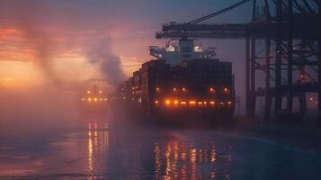 ai gegenereerd een schip voor vervoeren lading containers en ook lossen het Bij de dokken van een lading haven. ai gegenereerd foto