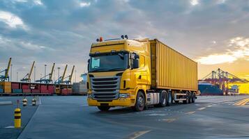 ai gegenereerd vrachtauto aanhangwagen Aan de pier in de lading haven terminal met kranen en containers. ai gegenereerd foto