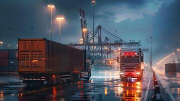 ai gegenereerd vrachtauto aanhangwagen Aan de pier in de lading haven terminal met kranen en containers. ai gegenereerd foto