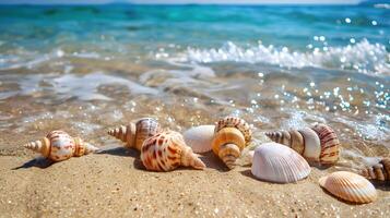 ai gegenereerd azuur kust van de oceaan met palm bomen, zand, surfen en schelpen. ai gegenereerd foto