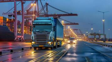 ai gegenereerd vrachtauto aanhangwagen Aan de pier in de lading haven terminal met kranen en containers. ai gegenereerd foto