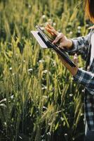 slim boerderij. boer met tablet in de veld. landbouw, tuinieren of ecologie concept. oogsten. agro bedrijf. foto