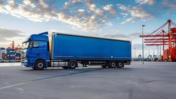 ai gegenereerd vrachtauto aanhangwagen Aan de pier in de lading haven terminal met kranen en containers. ai gegenereerd foto